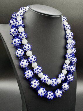 Beaded Necklace Blown Art Glass 2 Strands Round Beads White and Blue 18 in